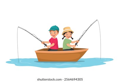 Little kids fishing on a boat in the lake