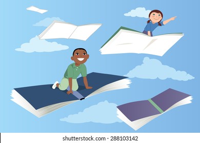 Little Kids Flying On Books In The Sky, Vector Illustration, EPS 8