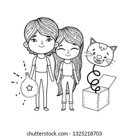 little kids with fools day surprise box and cat head