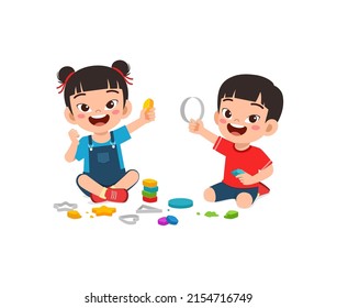 little kids and friend play with toy clay plasticine