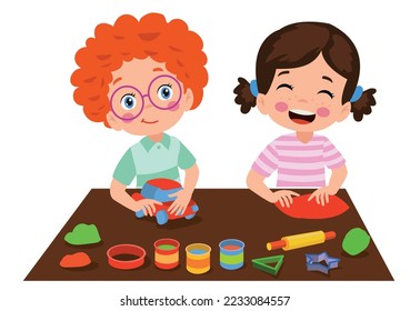 little kids and friend play with toy clay plasticine