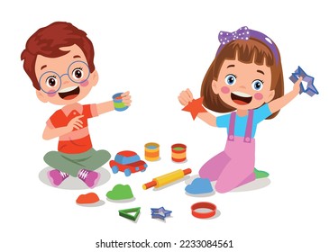 Kleine Kinder und Freunde spielen mit spielerischem Ton Plasticine