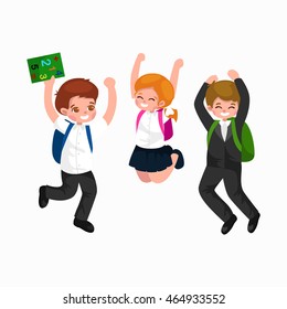 little kids girl and boy with backpack flowers and books, back to school concept, holding notebook in hands and happy jumping with smile vector illustration