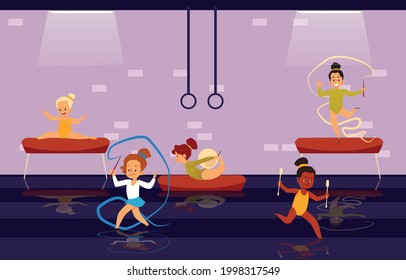 Little kids girls gymnast practicing gymnastics exercises with ribbon, maces, ball, on balance beam. Children trains for sport competitions in gym. Flat cartoon vector illustration