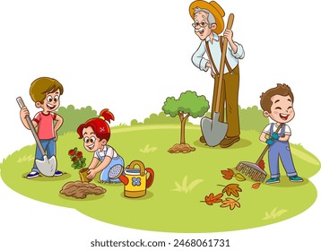 Little kids grandma and grandpa on vacation with him. They plant flowers in the garden and water the houseplants with a watering can. Flat vector illustration