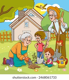 Niños pequeños, abuela y abuelo de vacaciones con él. Plantan flores en el jardín y riegan las plantas con una regadera. Ilustración vectorial plana