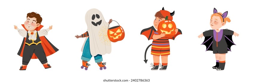 Little Kids in Halloween Costume and Dress Vector Set