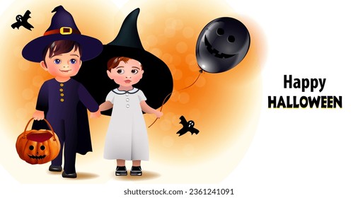 little kids in Hallowe'en costumes.  Halloween banner or card
