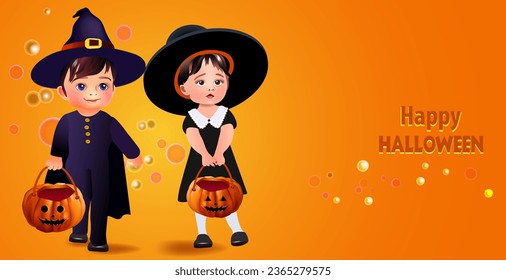 little kids in Hallowe'en costumes.  Halloween banner or card