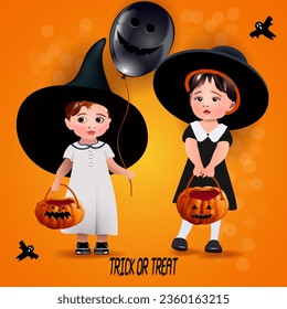 niños pequeños con disfraces de Hallowe. Trick-or-tratar. Banner o tarjeta de Halloween
