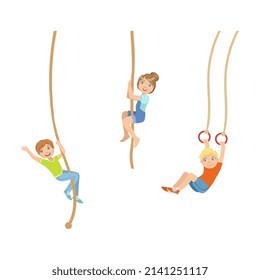 Little Kids Hanging on Rope and Ring Swinging Vector Set