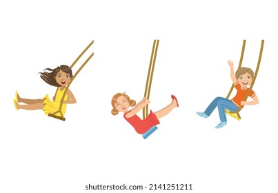 Little Kids Hanging on Rope Swings Laughing and Waving Hand Vector Set