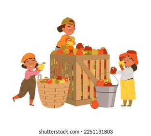 Little Kids Harvesting Gathering Ripe Apple Fruits in Basket and Wooden Crate in the Garden Vector Illustration