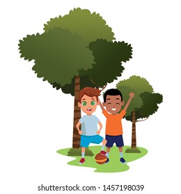 Little kids having fun with ball and smiling cartoons in nature outdoors scenery ,vector illustration graphic design.