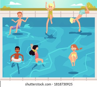 Little kids having fun in swimming pool, flat vector illustration. Children pool party fun with cartoon boys and girls swimming and diving into water.