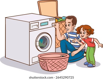  little kids helps his father to do the laundry with the washing machine.father and children operating the washing machine