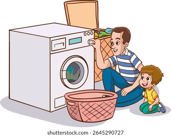  little kids helps his father to do the laundry with the washing machine.father and children operating the washing machine