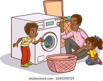  little kids helps his father to do the laundry with the washing machine.father and children operating the washing machine