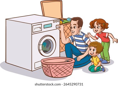  little kids helps his father to do the laundry with the washing machine.father and children operating the washing machine