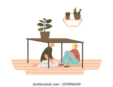 Little kids hiding under table while playing in hide and seek game at home in living room. Indoor games, leisure activity and childhood concept. Cartoon flat vector illustration