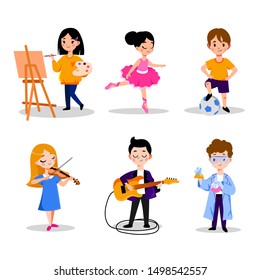 Little kids hobby and education, vector flat cartoon illustration. Boys and girls leisure activities in kindergarten or preschool. Children isolated on white background.
