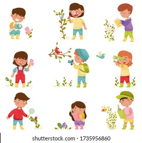 Little Kids Holding Magnifying Glass And Camera Exploring Nature Vector Illustrations Set