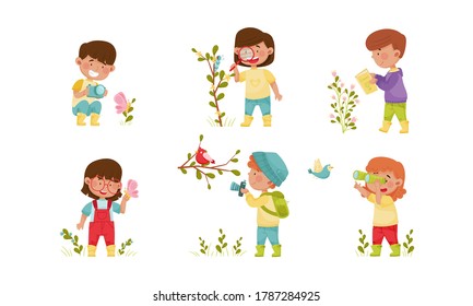 Little Kids Holding Magnifying Glass and Camera Exploring Nature Vector Illustrations Set