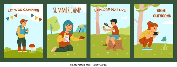 Little Kids Holding Magnifying Glass and Camera Exploring Nature Vector Illustrations Clipart. Children's outside journey in summer camp. Nature study by young biologists: ladybug and butterfly.