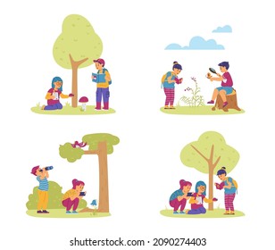 Little Kids Holding Magnifying Glass, Binoculars and Phone with Camera Exploring Nature Vector Illustrations Set. Girls and Boys Study Nature Outside, doing Bird Watching and take notes on Plants.