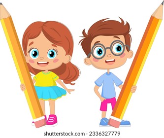 Little kids holding pencils Opposite English Words blunt   sharp  Vector illustration