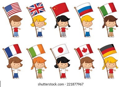 Little kids holding some well known flags of the world.