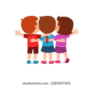 little kids huddle together with friends and feel happy, back view