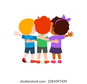 little kids huddle together with friends and feel happy, back view