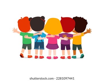 little kids huddle together with friends and feel happy, back view