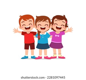 little kids huddle together with friends and feel happy