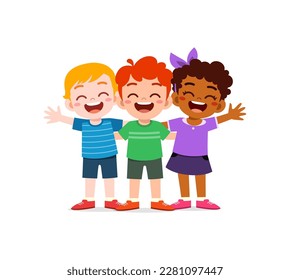 little kids huddle together with friends and feel happy