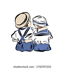 Little kids hug in straw hats sitting on seashore. Friends on beach in headwears who protecting from sun. Joyful childhood moment summer vacation. Fun leisure outdoor. 