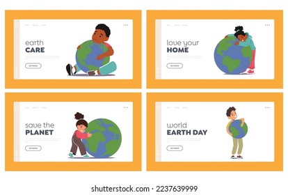 Little Kids Hugging Earth Planet Landing Page Template Set. Boys and Girls Characters Embrace with Love Sphere with Continents and Oceans. Save Nature, Ecology. Cartoon People Vector Illustration