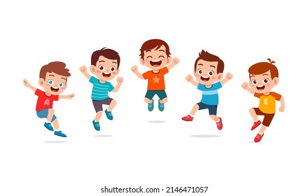 little kids jump together and feel happy