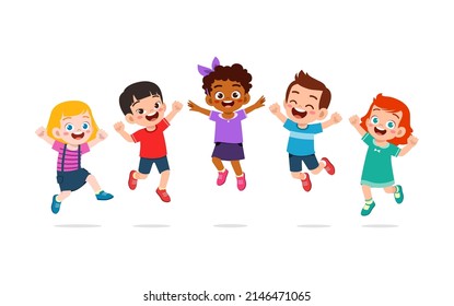 little kids jump together and feel happy