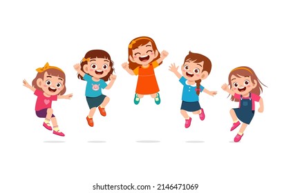 little kids jump together and feel happy