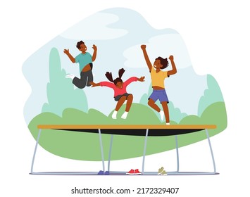 Little Kids Jumping and Hopping On Trampoline at Sunny Summer Day. Friends Celebrate Party, Having Fun On Weekend. Cute Little Character Having Fun And Playing. Cartoon People Vector Illustration