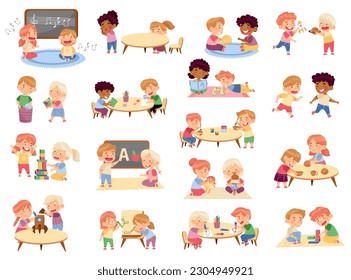 Little Kids in Kindergarden Learning Alphabet, Playing Toys, Drawing and Reading Book Big Vector Set