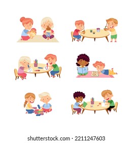 Little Kids in Kindergarden Playing and Doing Different Activity Vector Set
