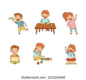 Little Kids in Kindergarden Playing and Doing Different Activity Vector Set