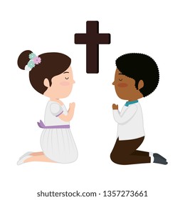 little kids kneeling with cross first communion