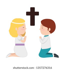 little kids kneeling with cross first communion