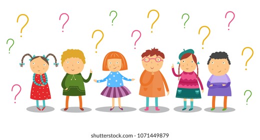 Little kids look thoughtfully and stand under lot of question marks set isolated on white background. Flat cartoon curiously school age children having questions and ideas. Vector illustration.