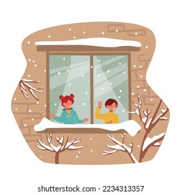 Little Kids Looking on First Snow through Home Window. Cheerful Children Girl and Boy Character Fascinated with Beautiful Falling Snowflakes on Street at Winter Day. Cartoon People Vector Illustration