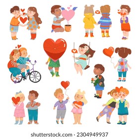 Little Kids in Love Flushed and Shy Holding Hands and Kissing Feeling Love Big Vector Set